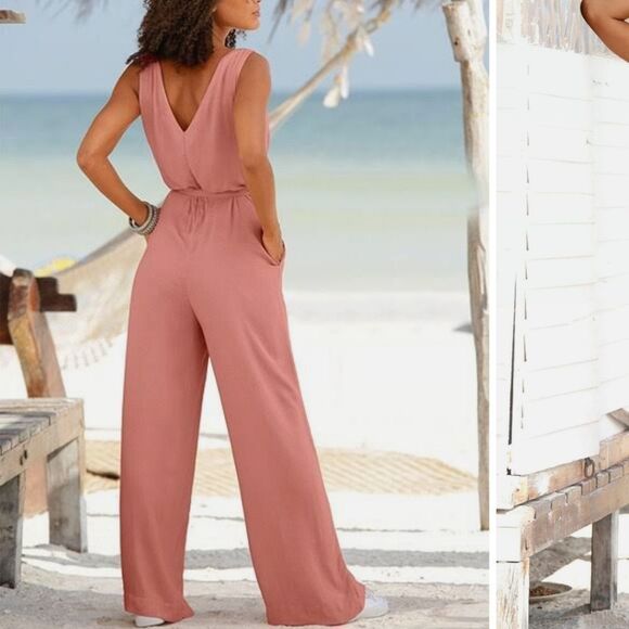 VINCE CAMUTO Womens Rumpled Ruched Waist Peach Flare Pockets Jumpsuit Size XS - Picture 1 of 13